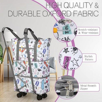 VOOWO Rolling Duffel Bag with Wheels - Foldable Expandable Duffle Bag with Wheels for Travel, Rolling Luggage Bag Carry On Bag with Wheel, Large Rolling Backpack Weekend Bag for Men Women (White) - color: White