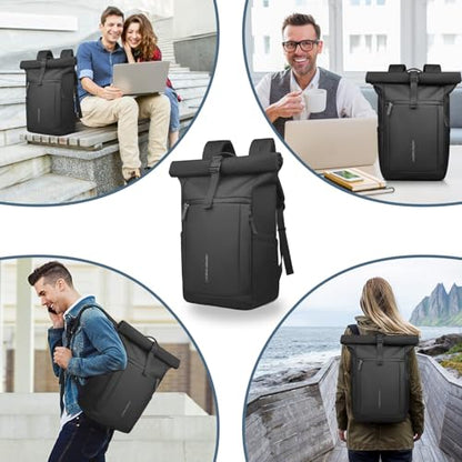 Rolltop Laptop Backpack, Expandable 20-27L Travel Backpack for Men Women | Water-Resistant Casual Daypack with Quick-access Rear Zipper for 15.6 inch Computer, Laptop Bag for Commute/College/Hiking