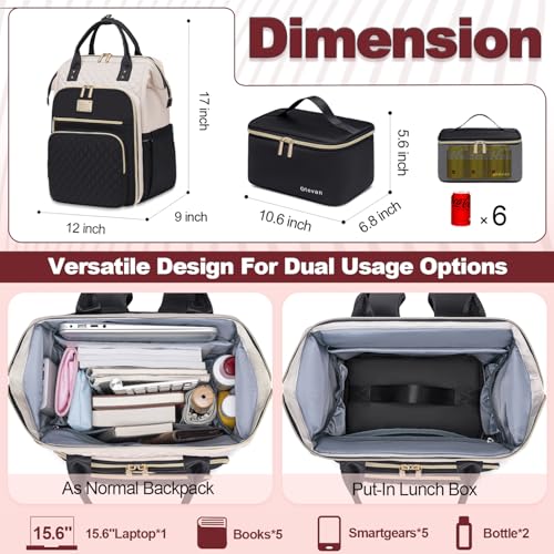 Otevan 15.6 Inch Laptop Backpack for Women, Work Backpack with Lunchbox, Insulated Backpack Cooler, Teacher Nurse Travel Backpack for Women, Beige/Black, 24009 - color: Beige/Black