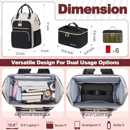 Otevan 15.6 Inch Laptop Backpack for Women, Work Backpack with Lunchbox, Insulated Backpack Cooler, Teacher Nurse Travel Backpack for Women, Beige/Black, 24009 - color: Beige/Black