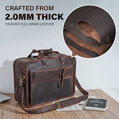 Men's Full Grain Leather Briefcase Large 17 Inch Business Travel Laptop Messenger Bag Tote with YKK Metal Zippers - color: Dark Brown