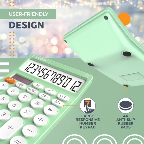 CATIGA 12 Digit Desktop Calculator Basic Desk Calculator with Large LCD Display, Big Buttons, 4 Function, Solar and Battery Dual Power, for Office, School, Home, SD-1292 Mint - color: 5.3) Mint