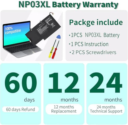 43Wh NP03XL 761230-005 Battery for HP Envy X360 15-U011DX 15-U010DX | 15-U110DX 15T-U100 15T-U200 15T-U300 15-U111DX 15-U483CL 15-U493CL Pavilion X360 13-A010DX 13-A012DX 13-A013CL NPO3XL 11.4V - size: 7.3*3.75*0.25inch NP03XL