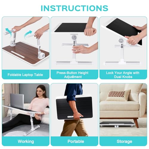 Adjustable Laptop Stand for Bed, Large Laptop | Portable Lap Desk with 4 Tilt Angles & 5 Height Settings (10.6-15.7in), Foldable Laptop Bed Tray Table
