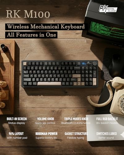 RK ROYAL KLUDGE M100 Mechanical Keyboard w/Screen & Dual Knobs, 96% Tri-Mode Gasket Mount Wireless Gaming Keyboard with Number Pad, Hot Swappable Cream Switch, Black - color: Black