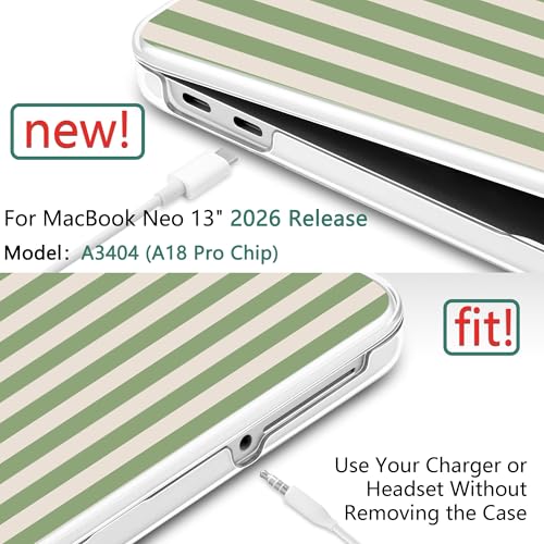 for MacBook Neo 13 Inch Case 2026 (Model A3404, A18 Pro chip), Stylish Pattern Protective Hard Shell with Screen Protector, Keyboard Cover & USB-C Adapter - Green Stripes - color: Green Stripes