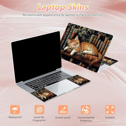 Laptop Skin Sticker Decal 12" 13" 13.3" 14" 15" 15.6",Waterproof Scratch Resistant Vinyl,Reusable Easy to Apply,for MacBook HP Dell Notebooks Netbooks Laptop,2 Wrist Pads,Cat Bookshelf - color: Cat Bookshelf