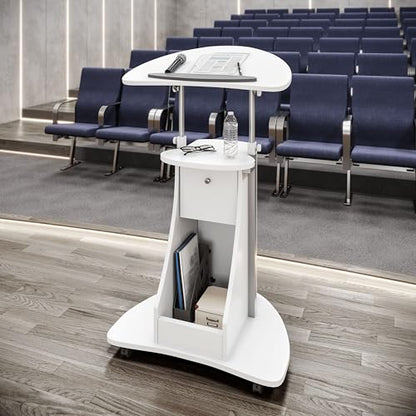 Techni Mobili Adjustable Height Rolling Laptop Cart with Storage, White | Adjustable height rolling laptop cart with storage, open shelf, wheels, sit‑to‑stand ideal for podium office medical use - color: White