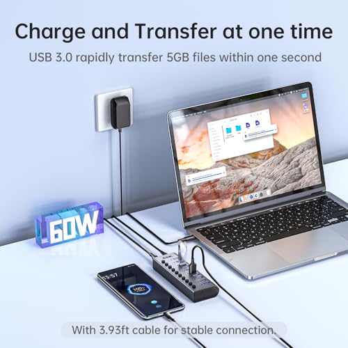 SSK 10 Port Powered USB 3.0 Hub, 60W USB Charging Hub USB Extender Hub | Simultaneous Fast Charge,5Gbps Data Transmission,Individual Switches,DC 12V5A Power Adapter,3.96ft/1.2m Cable,Aluminium