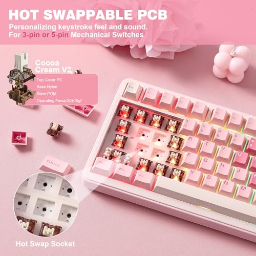 YUNZII B75 PRO Wireless Mechanical Gaming Keyboard | Custom 75% Layout with Knob,Gasket Mount,Hot Swap,Creamy Pre-lubed Switch,BT/USB-C/2.4G(Cocoa Cream V2 Switch,Pink) - color: Pink, size: Cocoa Cream V2 Switch