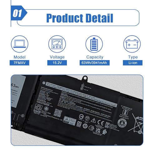 7FMXV 63Wh Laptop Battery Replacement for Dell Latitude 5320 7320 7420 7520 Series TN2GY 0TN2GY 9JM71 4M1JN 1PP63 727CG HDGJ8 MHR4G CN-0727CG CN-0TN2GY 15.2V 3941mAh - size: 10.43*3.71*0.26 inch 7FMXV