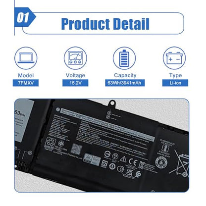 7FMXV 63Wh Laptop Battery Replacement for Dell Latitude 5320 7320 7420 7520 Series TN2GY 0TN2GY 9JM71 4M1JN 1PP63 727CG HDGJ8 MHR4G CN-0727CG CN-0TN2GY 15.2V 3941mAh - size: 10.43*3.71*0.26 inch 7FMXV