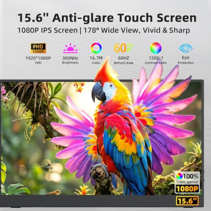 15.6'' Portable Monitor Touchscreen 10 Point 1080P IPS External Touchscreen Monitor for Laptop, USB-C HDMI Second Portable Screen Travel Monitor with 2 Speakers VESA for Mac Window PC Phone PS5（Touch）