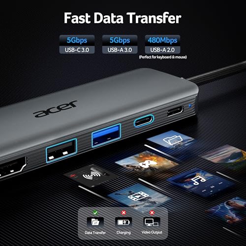 Acer USB C Hub, 5-in-1 USBC to HDMI Adapter with 4K@60Hz for Laptop/Mac | USBC Splitter Docking Station with HDMI 2.0, 100W PD, USB-C, USB-A 3.0 & USB-A 2.0 Data Ports for iPad Pro, iPhone 17 Pro Max