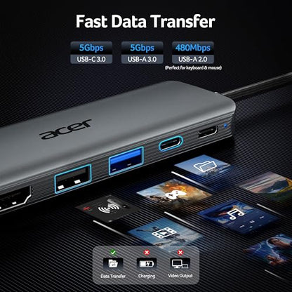 Acer USB C Hub, 5-in-1 USBC to HDMI Adapter with 4K@60Hz for Laptop/Mac | USBC Splitter Docking Station with HDMI 2.0, 100W PD, USB-C, USB-A 3.0 & USB-A 2.0 Data Ports for iPad Pro, iPhone 17 Pro Max