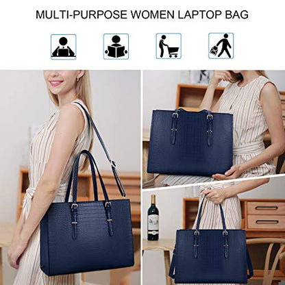 Laptop Bag for Women 15.6 Inch Crocodile Leather Tote Bag Water-resistant Work Briefcase Business Computer Shoulder Bag for Travel Teacher Nurse Professional Handbag - color: Blue