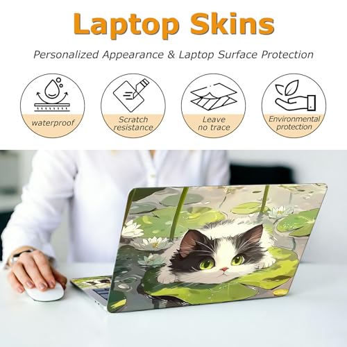 Universal Laptop Skin Sticker with 2 Wrist Pad Decals, 3-Piece Removable Vinyl Laptop Cover, Cat Laurel Leaf Waterproof Anti-Scratch, Easy-Trim Fit for 13.3" 14" 15.6" Laptops - color: Cat Laurel Leaf