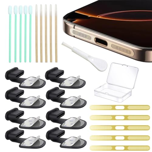 8 Packs New Dust Plug for iPhone 17 16 15 Series, USB C Cover Cap, USB C Port Cleaner, Phone Speaker Cover, with Cleaning Kit, Golden (Type C-17)