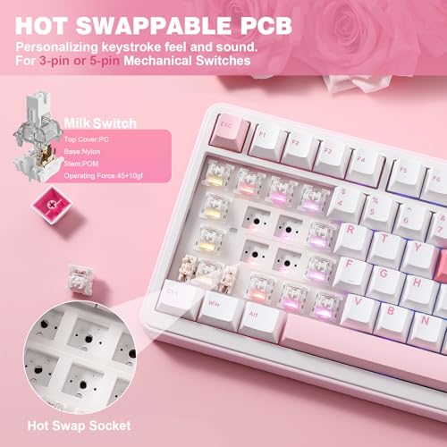 YUNZII B75 PRO Wireless Mechanical Gaming Keyboard | Custom 75% Layout with Knob,Gasket Mount,Hot Swap,Creamy Pre-lubed Switch,BT/USB-C/2.4G (White, Milk Switch) - color: White, size: Milk Switch
