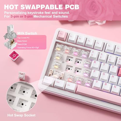 YUNZII B75 PRO Wireless Mechanical Gaming Keyboard | Custom 75% Layout with Knob,Gasket Mount,Hot Swap,Creamy Pre-lubed Switch,BT/USB-C/2.4G (White, Milk Switch) - color: White, size: Milk Switch