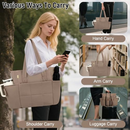 Puffer Tote Bag with Large Cup Holder& 15.6 Inch Laptop Compartment, Lightweight Puffy Work Bag with Water Bottle Pocket, Large Laptop Tote with Clutch Purse for Women Teacher Nurse (Brown) - color: Brown