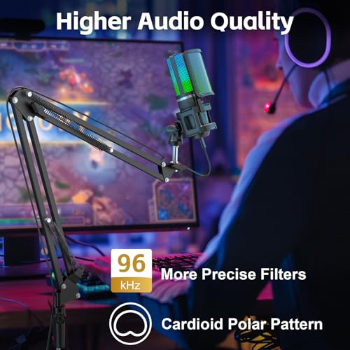 ZealSound Microphone for PC, USB Condenser Gaming Mic with Noise Reduction, Gain Control, Mute, Zero-Latency Monitoring, RGB Lighting, Boom Arm & Tripod Stand for Mac iPhone Android Podcasting TikTok