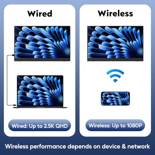 17.3" Wireless Portable Monitor with Built‑in 8000mAh Battery 4H, AirPlay & Miracast, 2.5K QHD 2560x1400 IPS Matte HDR, 125% sRGB, 500 Nits, VESA, Auto Rotation for Phone/Tablet, USB‑C & Mini HDMI - size: 17.3 inch