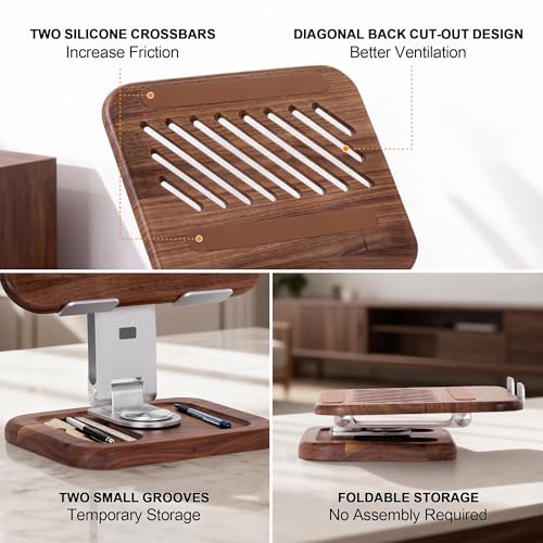 Walnut-Wooden Laptop Stand for Desk, Adjustable Height & Angle with 360° Aluminum Alloy Swivel Base, Wood Laptop Stand Compatible with MacBook Pro, All Laptops 10-17", Brown