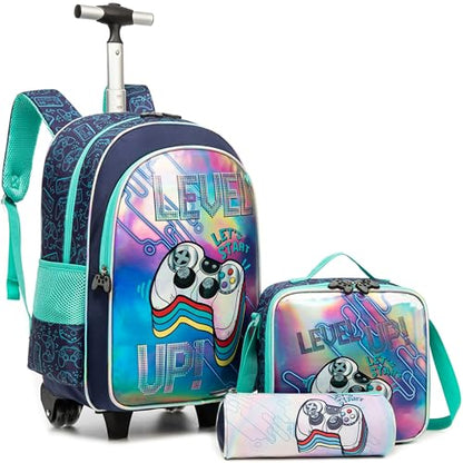 Meetbelify Kids Backpacks with Wheels for Boys Football Rolling Backpack with Lunch Box for Elementary Students Trip Luggage for Boys Ages 6-8 - color: 01 Game Level