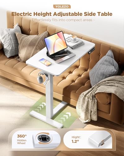 24"x 16" Electric Overbed Table, Rolling Laptop Desk for Bed, White | Height Adjustable Bedside Desk with Hidden Wheels, Mobile Standing Desk for Sofa, Home Office & Hospital Use - color: White, size: 24x16 Inch