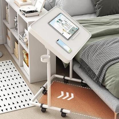 Overbed Table Portable Computer Desk, Rollaway Desk with Cup Holder, Mobile Standing Desk, Multifunctional Height Adjustable Table with Wheels, Sofa Side Table, Tilting Overbed Bedside Table (Color : - color: White