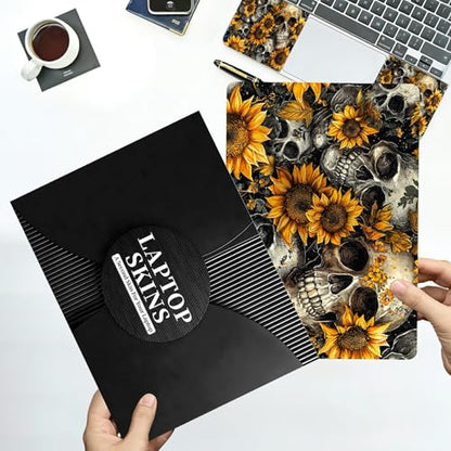 Universal Laptop Skin Sticker with 2 Wrist Pad Decals, 3-Piece Removable Vinyl Laptop Cover, Sunflower Skulls Waterproof Anti-Scratch, Easy-Trim Fit for 13.3" 14" 15.6" Laptops - color: Sunflower Skulls