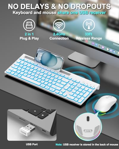 Wireless Keyboard and Mouse Combo, 7 Backlit Effects, Light Up Letters, Rechargeable, Phone Holder, 6 Button Mouse, Ergonomic Tilt Angle, 2.4GHz Silent USB Keyboard Mouse for Laptop, PC - color: White