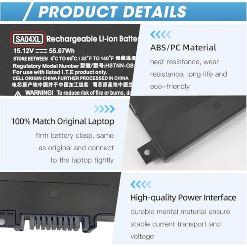 SA04XL Battery for HP Envy X360 15m-ds0011dx 15m-dr0012dx 15m-ds0xxx | for HP Envy X360 15m-dr0011dx 15m-dr0xxx 15t-dr100 15m-dr1xxx 17t-cg100 17-cg100 15M-DR 15M-DS Laptop L43267-005 L43248-AC2 - size: 7.13*3.75*0.25inch SA04XL