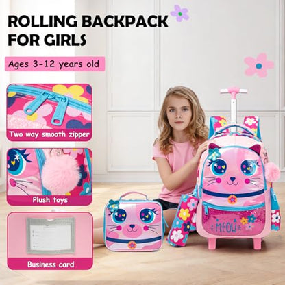 Kids Big-Eyed Cat Rolling Backpack for Girls, School Bags Pink | Trolley Suitcases Luggage Travel with Wheels, Wheeled 3PCS Roller Backpacks Set, Toddler Back Pack, School Bags Elementary - color: Pink-0121-maomi