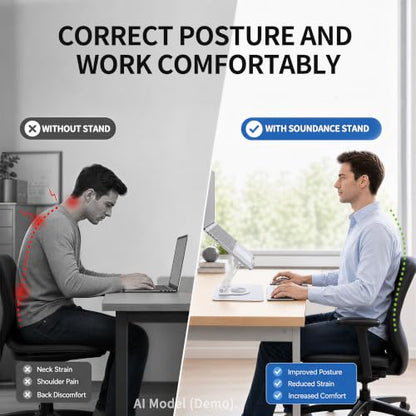 SOUNDANCE 360 Rotating Laptop Stand, Ergonomic Computer Riser for Desk, Adjustable Height Multi-Angle Metal Holder, Foldable Portable Notebook Elevating Base for Office & Home, White - color: White
