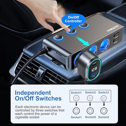 9-in-1 Cigarette Lighter Splitter 264W 3 Socket USB C Car Adapter | 264W PD30W & QC3.0 USB-C fast charge. 3 sockets. 12V/24V. Independent switches, LED voltmeter & waterproof for trucks/cars.