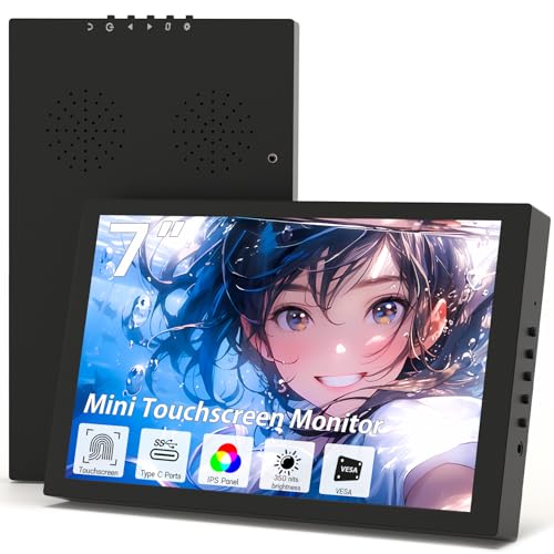 Small Monitor Touchscreen 7 Inch HD 1280x800 Type C HDMI Ports Mini Portable Monitor IPS LED Display for PC Laptop Ras Pi, Built-in Speakers