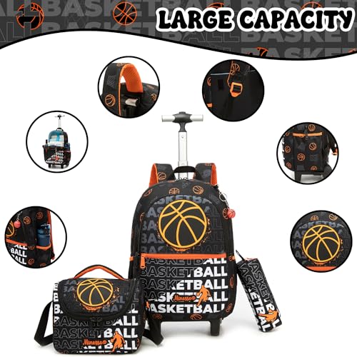 Kids Rolling Backpack for Boys 16.5" School Roller Backpack with Lunch Box, Toddler Backpacks with Wheels Rollig Wheeled Backpacks for Elementary School - color: Black Basketball