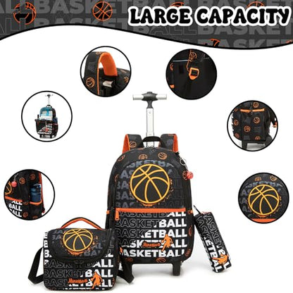 Kids Rolling Backpack for Boys 16.5" School Roller Backpack with Lunch Box, Toddler Backpacks with Wheels Rollig Wheeled Backpacks for Elementary School - color: Black Basketball