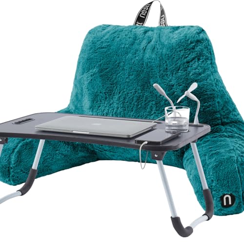 Nestl Fur Reading Pillow with Laptop Lap Desk, Stylish Back Pillow for Sitting Up, Lap Desk with Reading Pillows for Sitting in Bed Adult & Kids, Faux Fur Chair Pillow with Arms - Teal - color: Teal, size: Reading Pillow + Lap Desk