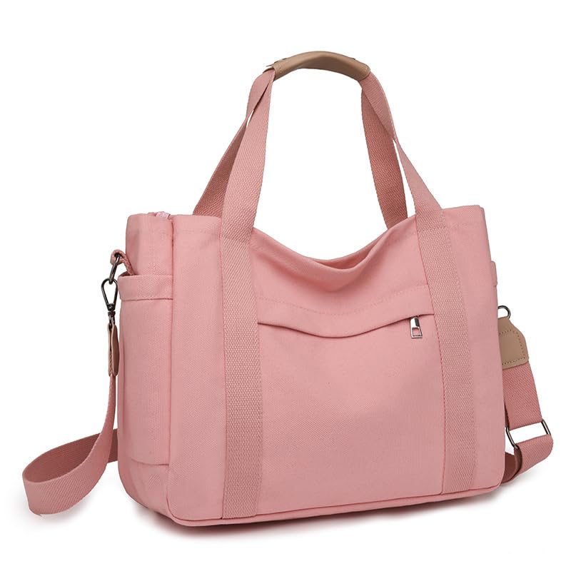 JARKJARD Canvas Crossbody Tote Bag for Women Laptop Work Handbag | Cute Aesthetic Shoulder Messenger Purse with Zipper Pockets and Compartments Great for Daily Travel and Office use - color: Pink