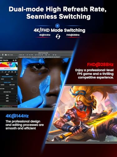 UPERFECT Portable Monitor 27”, Dual Mode 4K UHD 144Hz/FHD 288Hz Gaming Monitor, 0.1ms FreeSync, 600 Nits, 125% sRGB, USB-C & HDMI 2.1 & DP 1.4, Large Second Screen for Laptop, Computer, Game Consoles - size: 27"