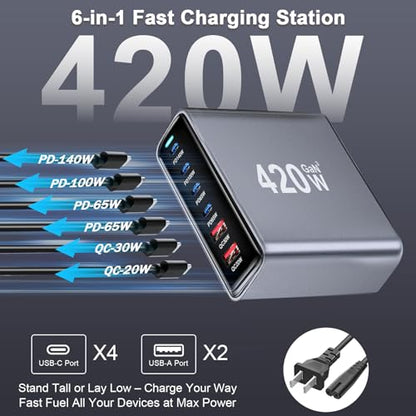 420W USB C Fast Charger Block, PD 3.1 140W USB C Charging Station, GaN Ⅲ Multi-Port PD PPS Fast Charging Station for Multiple Devices,Laptop Wall Charger Compatible with MacBook iPad iPhone 17/16 etc - size: 420W+A 240W Braided Nylon Fast Charging Cable