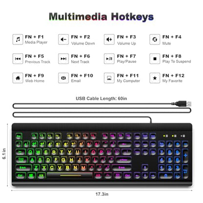 Atelus Large Print Backlit Keyboard, USB Wired Computer Keyboard, Full Size Keyboard with Rainbow Illuminated LED Compatible for Windows Desktop, Laptop, PC, Gaming, Black - color: Black-Rainbow Light