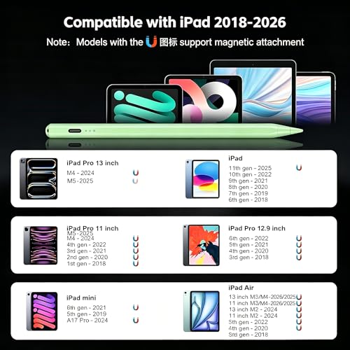 Stylus Pen for iPad 2026-2018 with 13mins Fast Charge,Tilt Sensitivity Palm Rejection Pencil for 11th (A16)/10/9/8/7/6 Gen, iPad Pro 11"/12.9"/M4/M5, iPad Air 3/4/5/M2/M3/M4 (Green) - color: green