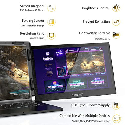 SMISEACOW P1 Plus 13.5" Folding Portable Monitor for Laptop FHD IPS Laptop Dual Screen Extender Compatible with Windows,Mac,Linux & Chrome,PS5,Fits 13.3-16.5'' Sizes USB-C or HDMI Transfer Video