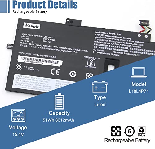 L18L4P71 L18C4P71 L18M4P72 Laptop Battery Replacement for Lenovo ThinkPad X1 Yoga 4th 5th Gen/X1 Carbon 7th 8th Gen Series 02DL004 SB10K97642 02DL005 SB10K97643 02DL006 SB10K97644 15.4V 51Wh - size: 9.72*3.68*0.24inch L18L4P71