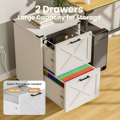 Onelike Small Wood File Cabinet with Charging Station and Lock, 2 Drawers | Built-in 2 AC, USB & Type-C; 1 lock secures 2 drawers; Nightstand, Printer stand and Mobile under-desk cabinet; White - style: 2 Drawers