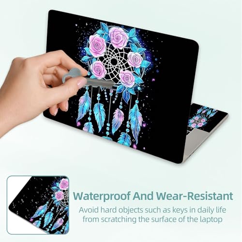 Universal Laptop Skin Decal, 3-Piece Vinyl Protector for 12 13 14 15.6" Notebook, Waterproof Anti-Scratch, Easy Trim & Bubble-Free Finish, Dreamcatcher with Pink Roses - color: Dreamcatcher with Pink Roses